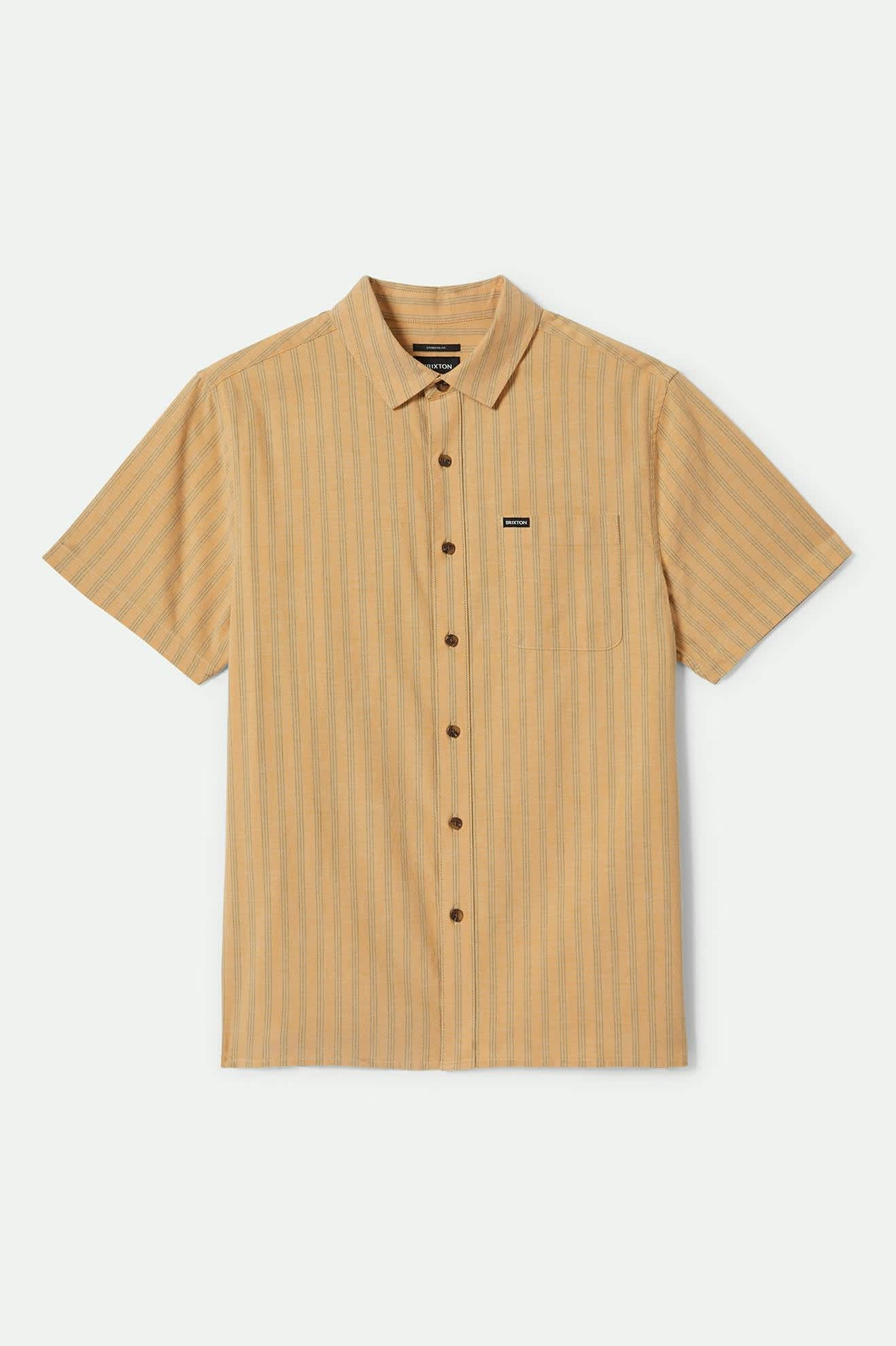 Front of Brixton Men's Cru Oxford Strip Short Sleeve Shirt - Curry/ Ivy Green