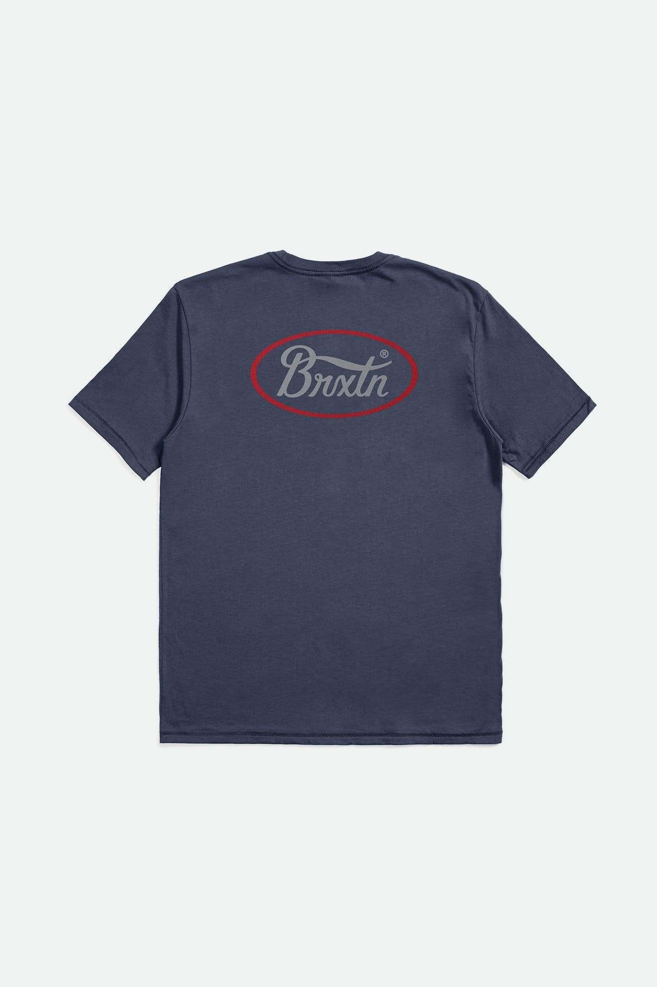 Back of Brixton Men's Parsons Short Sleeve Tailored Tee Washed Navy/Grey/Brick